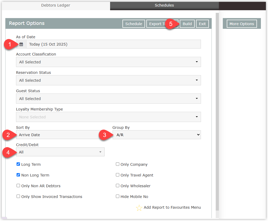 Debtors Ledger report screen in RMS with options to select an 'As of Date', 'Sort By' and 'Group By' values, a 'Credit/Debit' filter, additional report options, and a Build button to generate the Debtors Ledger for accounts with outstanding balances.