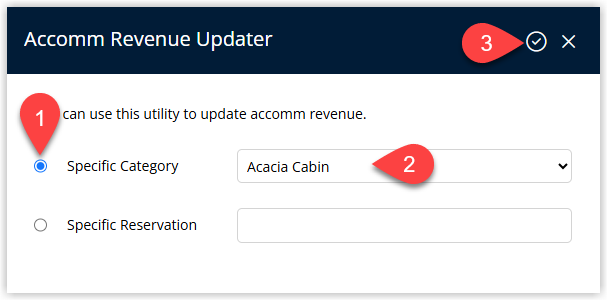 RMS Accommodation Revenue Updater utility screen with Specific Category selected, a Category chosen from the drop-down list, and the Update button highlighted to recalculate accommodation revenue based on the current General Ledger Account Code setup and any recalculated future rates.