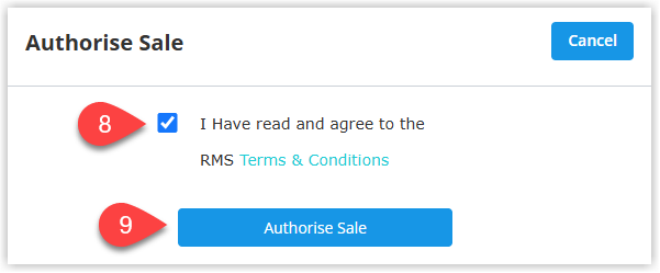 Screenshot of the final authorisation screen in RMS Billing showing a checkbox to confirm the user has read and agrees to the Terms & Conditions and the Authorise Sale button to complete the user licence order.