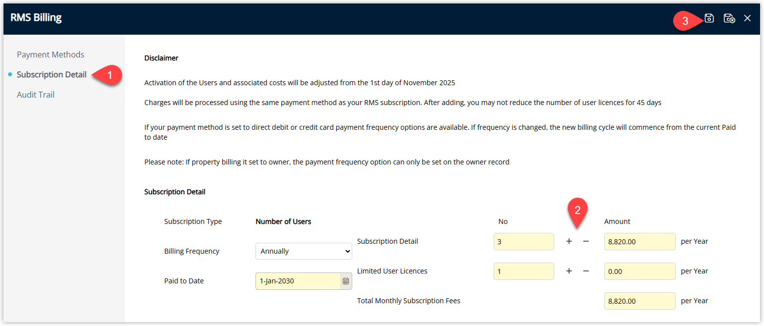 Screenshot of the Subscription Details tab in RMS Billing showing the updated user licence quantity and the Save button used to apply the change before placing the order.