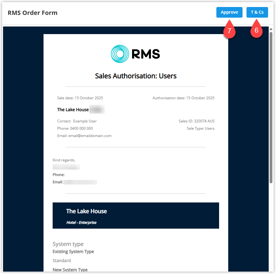 Screenshot of the Sale Authorisation screen in RMS Billing showing a summary of the updated user licence order, a link to the RMS Terms & Conditions and an Approve button to confirm the change.