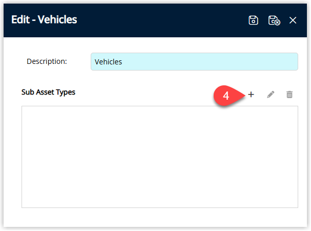 Annotated screenshot of the Edit Asset Type dialog in RMS with the Add Sub Asset Type button highlighted