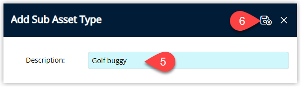Annotated screenshot of the Add Sub Asset Type dialog in RMS showing the Description field
