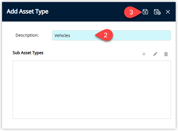 Annotated screenshot of the Add Asset Type dialog in RMS showing the Description field and Sub Asset Types section