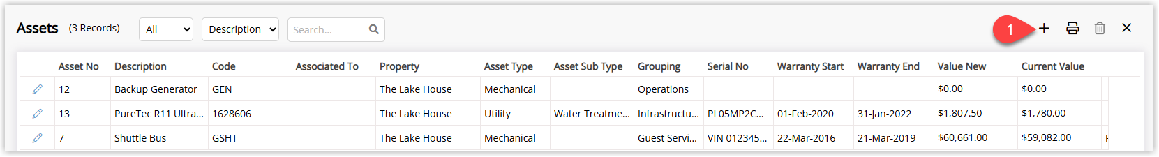 Assets setup screen in RMS showing a list of existing assets with an Add button to create a new asset