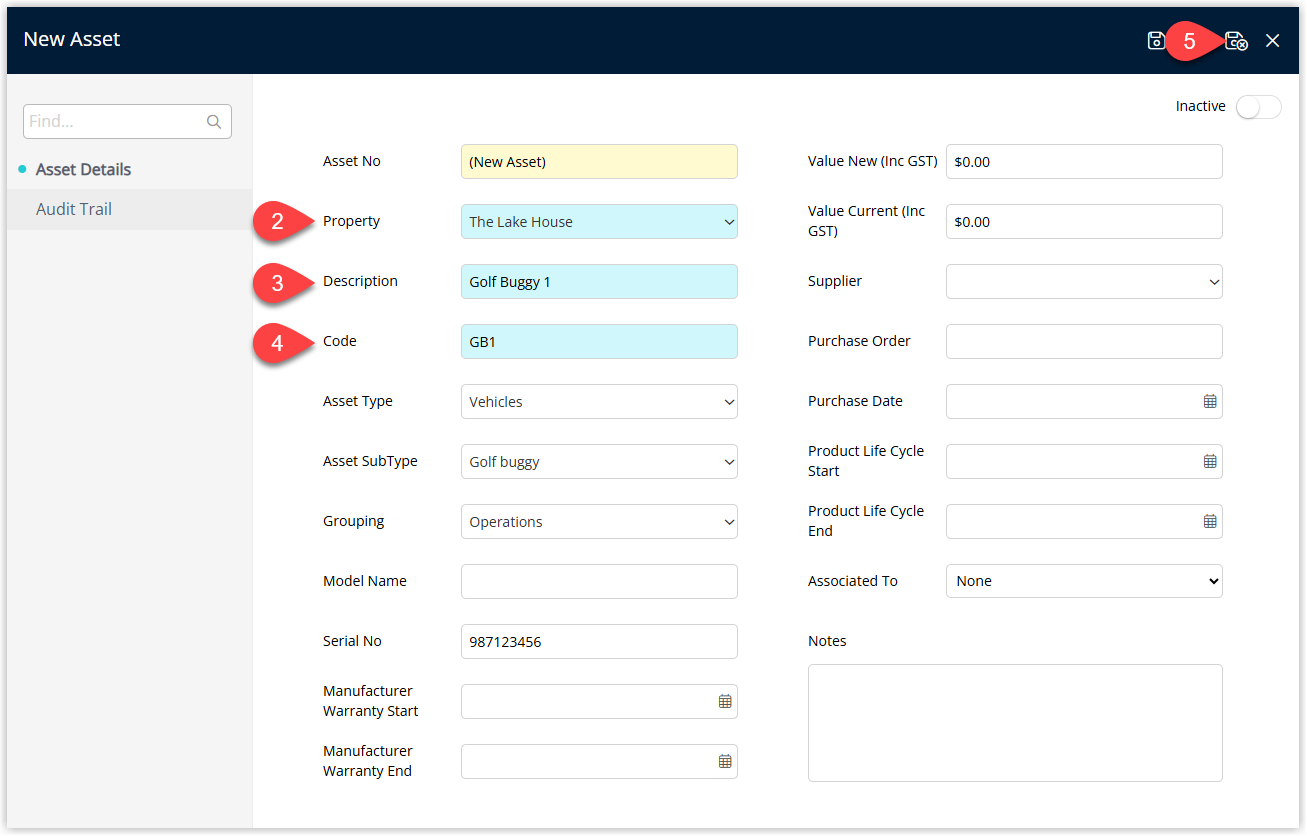 Asset detail screen displaying fields for Property, Asset Description, Asset Code, optional Asset Type, Subtype and Associated To, with a Save/Exit button