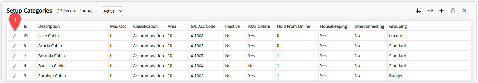 Annotated screenshot of the Setup Categories screen in RMS highlighting the Edit icon aligned with an existing Category