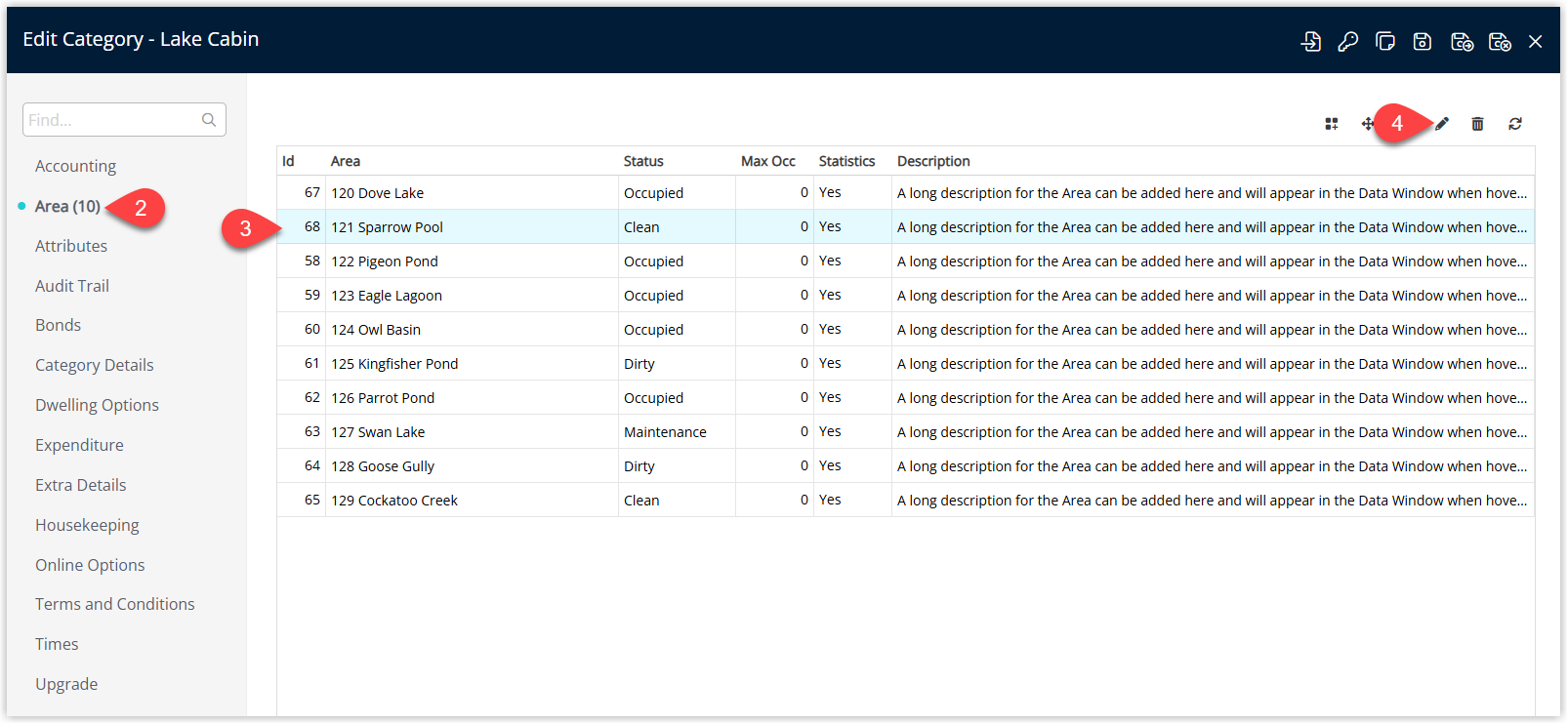 Annotated screenshot of the Edit Category screen in RMS highlighting the Area tab, a selected Area and the Edit icon