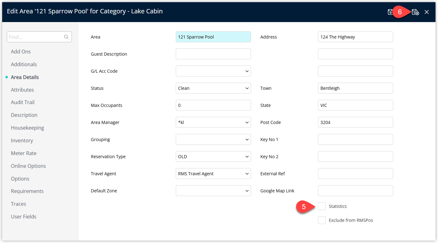 Annotated screenshot of the Edit Area screen in RMS highlighting the Statistics checkbox and the Save/Exit icon