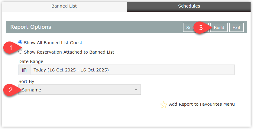 RMS Banned List Guests report screen showing options to either Show All Banned List Guests or Show Reservation Attached to Banned List with a date range selector, a Sort By drop-down, the Build button, and a generated report table listing banned guests with key details such as guest name and reservation information.