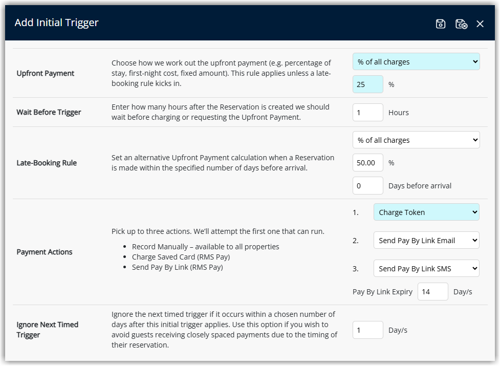 Initial Trigger configuration window showing options for amount calculation methods wait before trigger late booking rule payment actions ignore next timed trigger and Save Exit controls.
