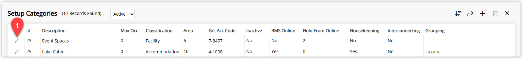 Screenshot of the Category/Area list in RMS showing multiple categories with a Facility category highlighted and the Edit icon/button selected to open its setup.