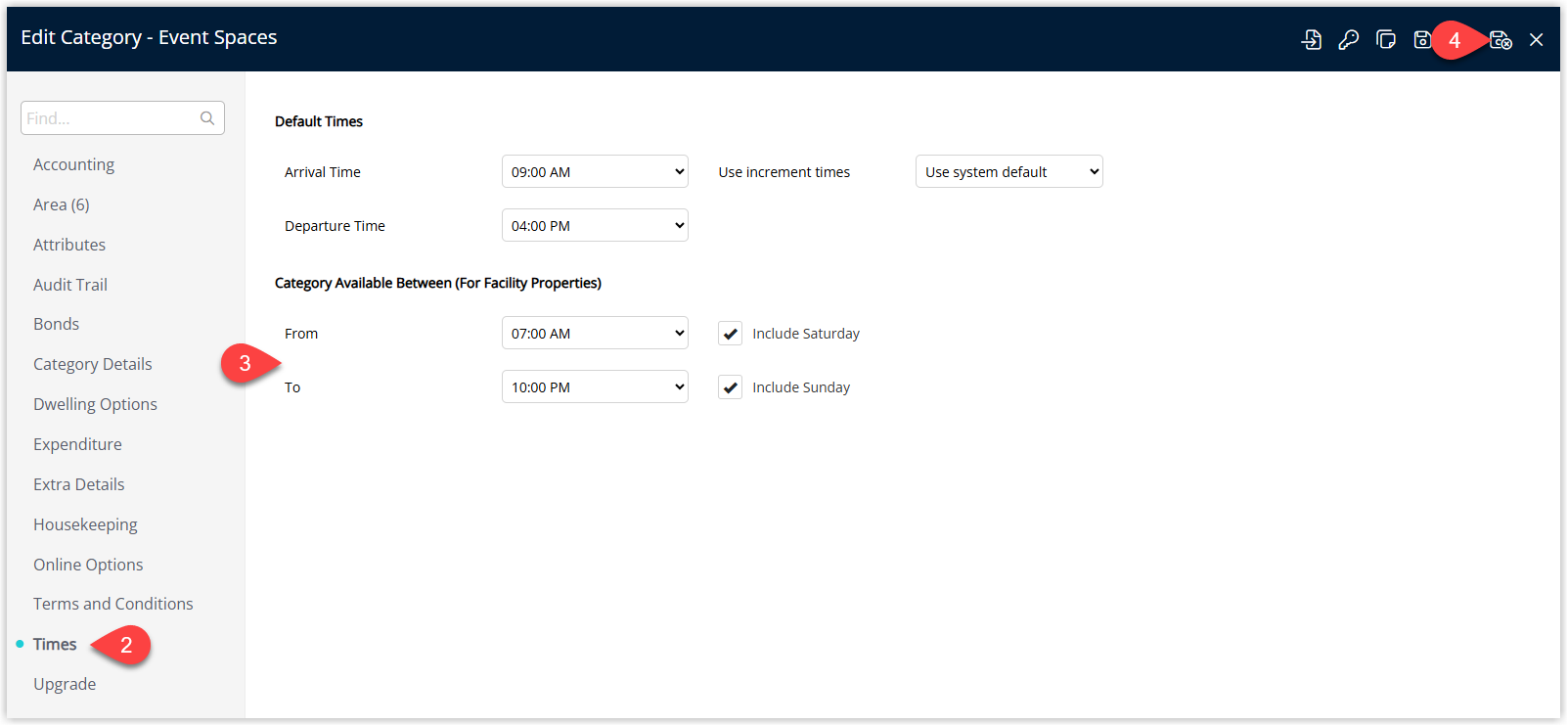 Screenshot of the Facility Category setup screen in RMS with the Times tab selected, showing From and To time fields for daily availability, optional checkboxes to allow Saturday and Sunday bookings, and the Save/Exit button highlighted to store the bookable times for the facility.