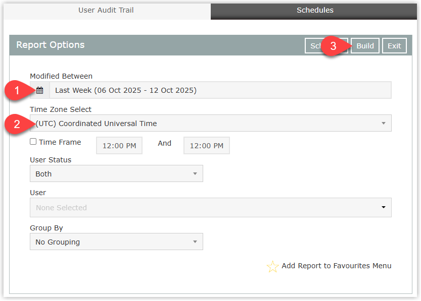 Screenshot of the User Audit Trail report criteria screen in RMS showing fields for Date Range, Time Zone, optional User Status and User selectors, with the Build button highlighted to generate the audit trail.