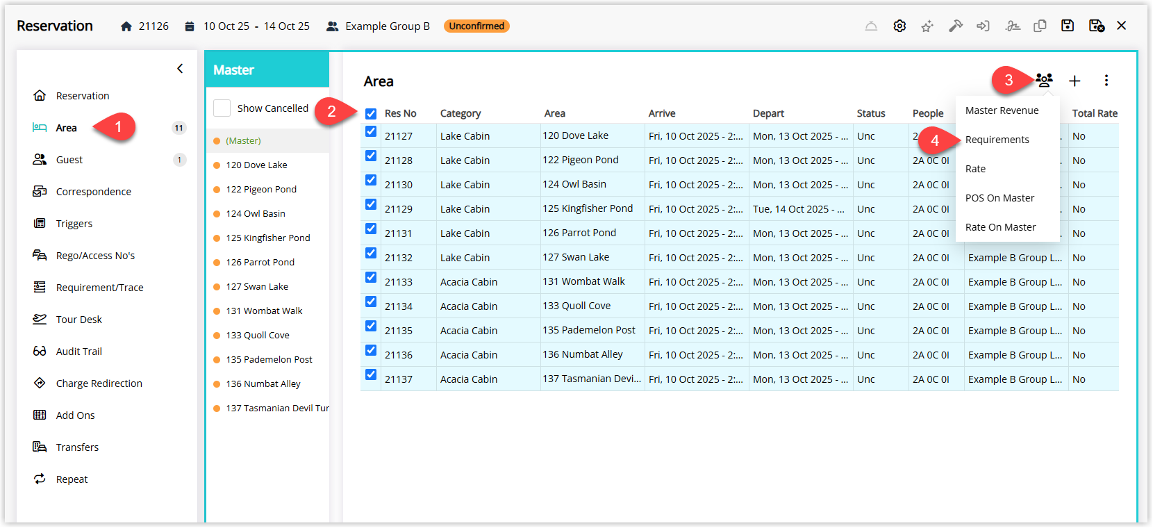 RMS Master Reservation Area tab with Sibling Reservations selected and the Update Sibling window open, showing the Requirements option chosen to assign a requirement across one or more sibling reservations.