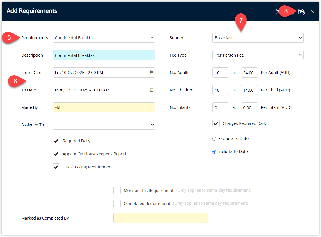 RMS Update Sibling Requirements screen displaying the selected Requirement, From and To dates, and Requirement Options for multiple sibling reservations, with Save/Exit selected to apply the requirement to the chosen reservations under the Master.