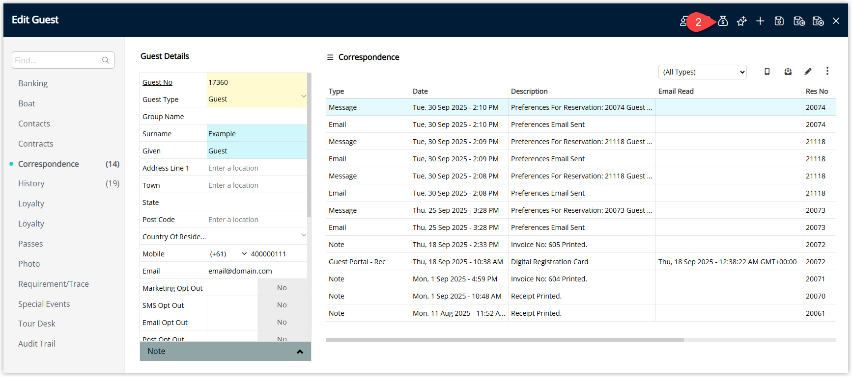 RMS Guest Account window with the Account button selected to display options such as Transfer, Receipt, and other account actions.