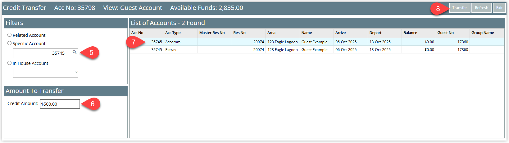 RMS Balance Transfer window displaying fields for Destination Account, Amount to Transfer, and Account to Transfer To, all completed, with the Transfer button highlighted to process the movement from the Guest Account to the Reservation Account.