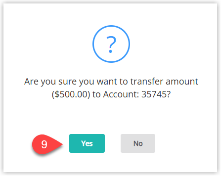 RMS confirmation dialog asking to confirm the balance transfer, with the Yes button selected to proceed.