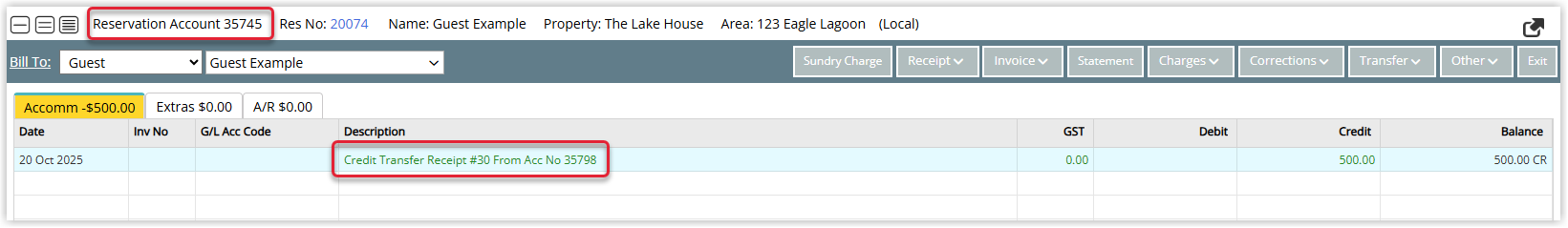 RMS Reservation Account transaction list showing a Credit Transfer Receipt entry with a reference to the originating guest account number, confirming the credit has been received on the reservation.