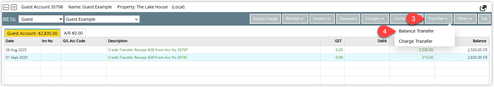 RMS Transfer options dialog from the Guest Account showing Transfer selected and the Balance Transfer option chosen to move funds between accounts.
