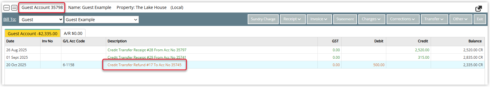 RMS Guest Account transaction list showing a Credit Refund entry with a reference to the destination reservation account number, indicating the credit has been moved out of the guest account.