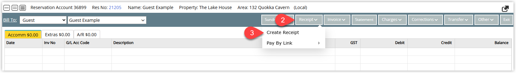 Screenshot of the Reservation Account screen in RMS with the Receipt menu expanded and the Create Receipt option highlighted to begin applying guest credit.
