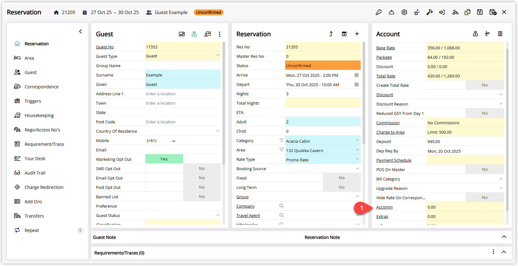 Screenshot of an open reservation in RMS showing the list of associated accounts, with the required reservation account row highlighted to indicate which account the guest credit will be applied to.