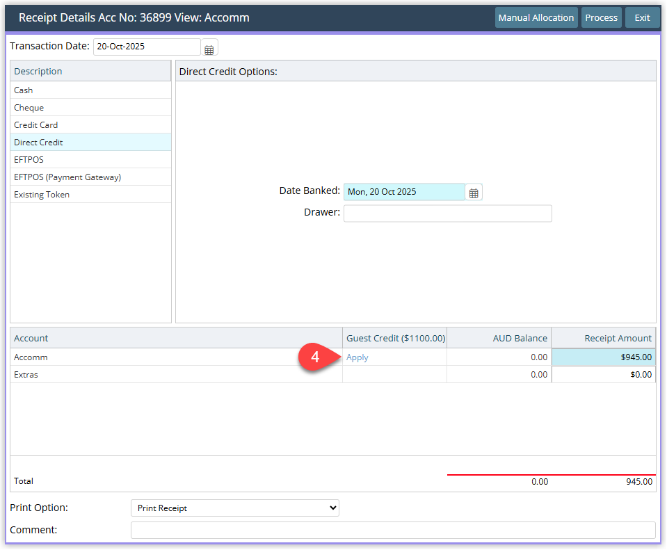 Screenshot of the Receipt window in RMS showing the Apply button highlighted, used to apply available guest credit to the selected reservation account instead of recording a new payment.