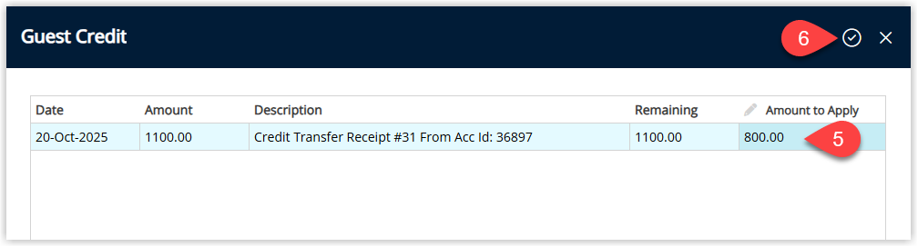 Screenshot of the Apply Guest Credit screen in RMS displaying the available guest credit balance, the Amount to Apply field populated with the transfer amount, and the Apply/Exit button highlighted to complete the transfer to the reservation account.