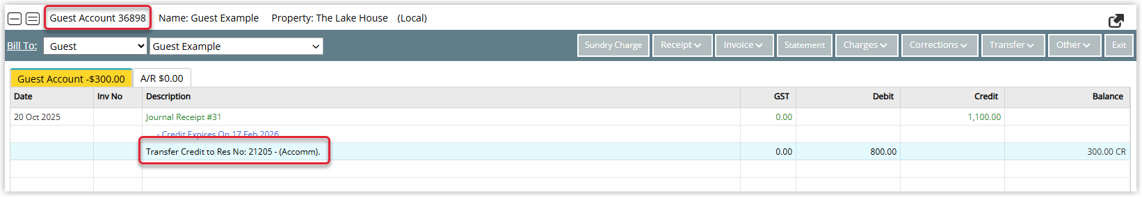 Screenshot of the Guest Account in RMS showing a Credit Refund transaction line that references the destination reservation account number after the credit has been applied.