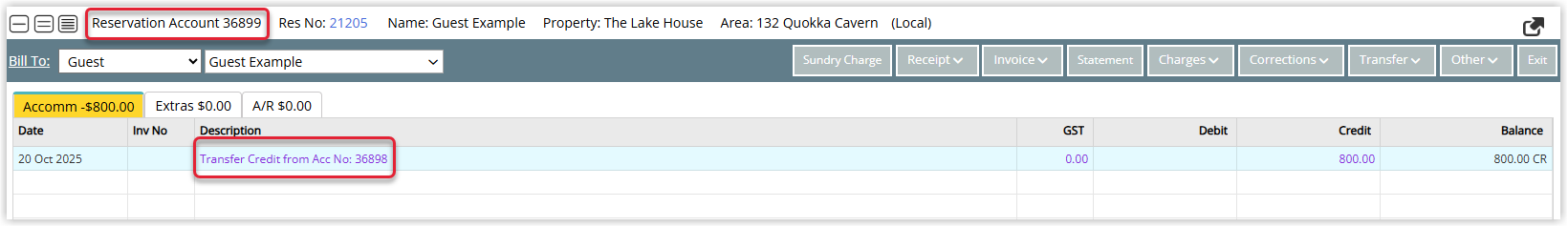 Screenshot of the Reservation Account in RMS showing a Credit Transfer Receipt transaction line that references the originating guest account number, confirming that guest credit has been applied to the reservation.