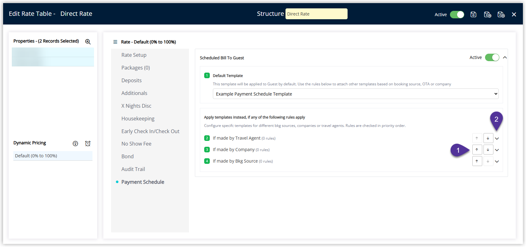 RMS Rate Table Payment Schedule overrides section showing a list of rules with up and down arrow buttons to change priority and a dropdown arrow to add an override for Company, Travel Agent, or Booking Source.