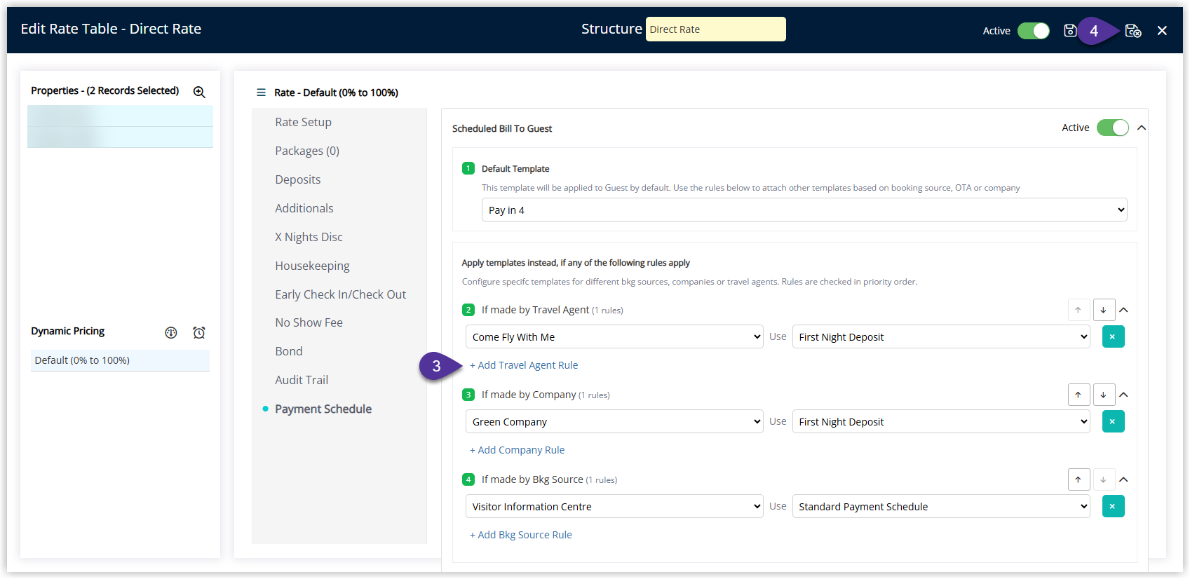 RMS Payment Schedule override configuration window displaying added rules for Company, Travel Agent, and Booking Source with their assigned payment schedule templates, and the Save/Exit button selected to save the override rules.