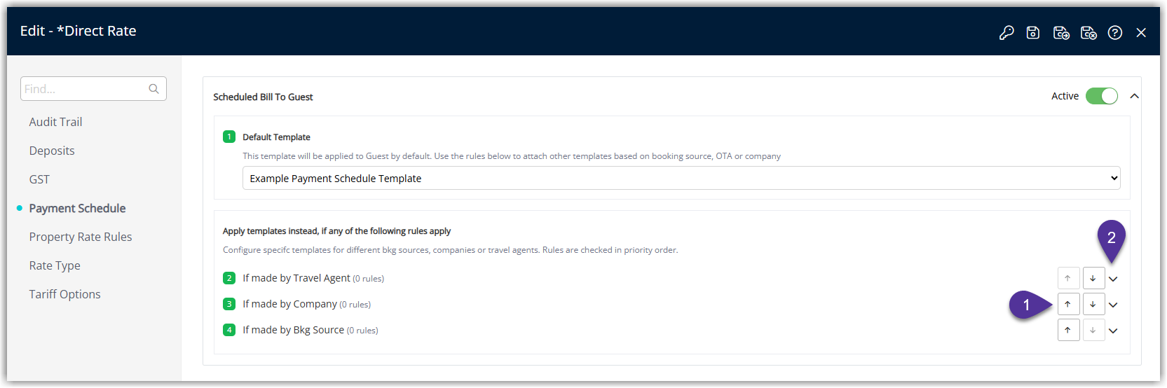 RMS Payment Schedule override settings screen showing a list of rules for Guest, Company, Travel Agent, and Booking Source with up and down arrow buttons to change priority order, and a dropdown arrow expanded to add or edit an override for a specific entity.