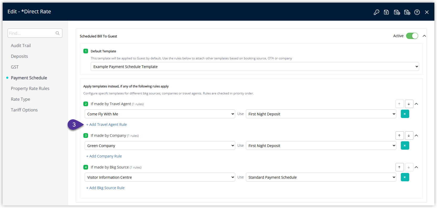RMS Payment Schedule override configuration window with multiple rules added for Company, Travel Agent, and Booking Source, and the Save/Exit button selected to store the override priorities.