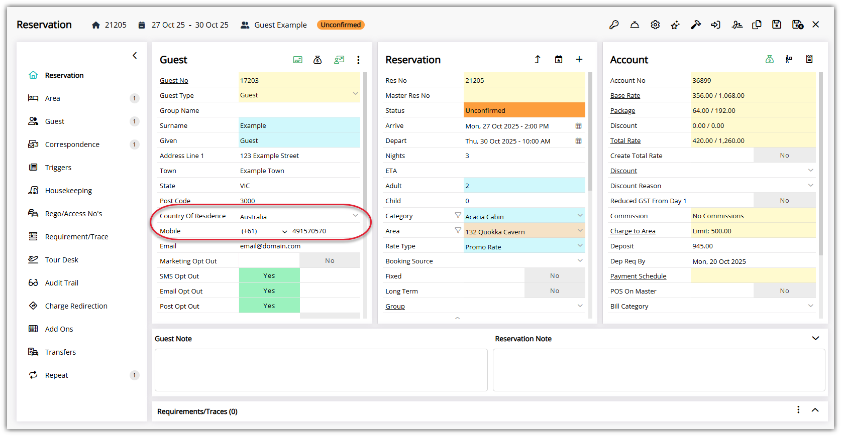 Screenshot of the Guest Profile contact details in RMS highlighting the mobile phone field with country code recognition and formatting options.
