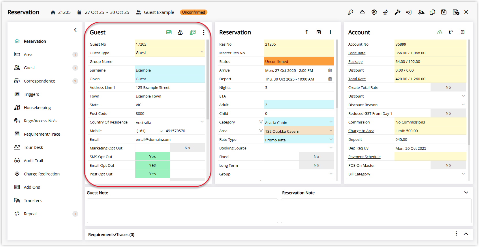 Screenshot of the main Guest Profile screen in RMS showing guest details such as name, contact information and summary fields.