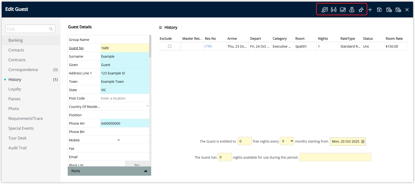 Screenshot of the Guest Statistics section on a Guest Profile in RMS showing metrics including Last Visit, Last Rate, Average Income and Total Income for the guest.