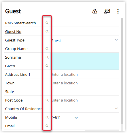 Screenshot of the Smart Search interface in RMS showing search fields used to find existing Guest Profiles by name, contact details or other criteria.