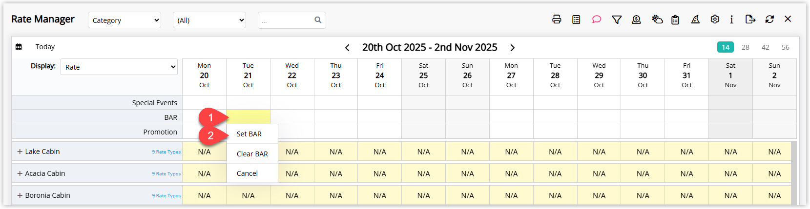 Rate Manager screen in RMS showing the BAR row on the grid with a specific date cell selected and a context menu or button for Set BAR highlighted