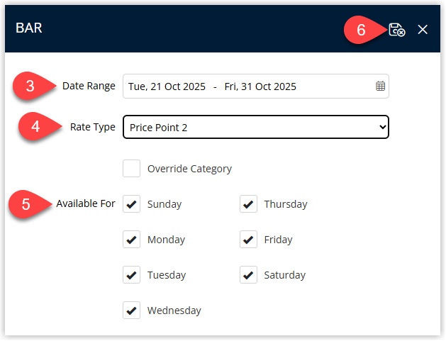 Set BAR dialog displaying fields for Date Range and Rate Type, a checkbox for Override Category and an Available For section with days of the week checkboxes, plus an Apply/Exit button to confirm the property-level BAR settings