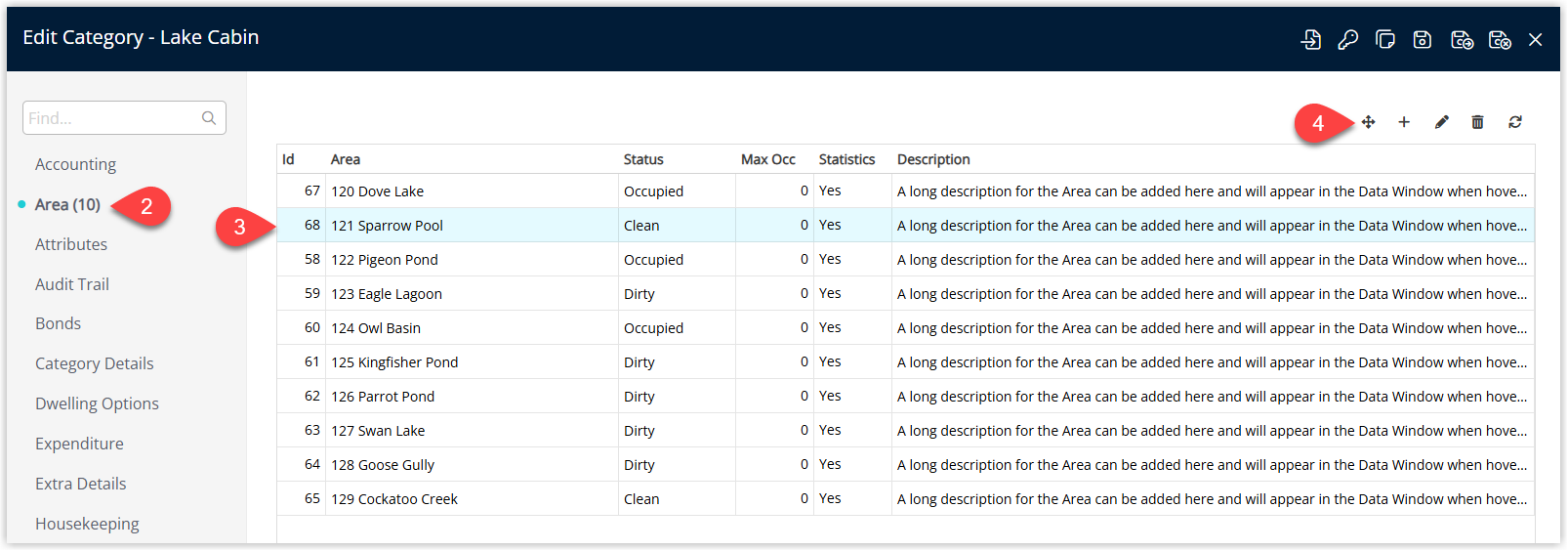 RMS Category setup window on the Area tab displaying a list of Areas belonging to the Category, with one Area selected and the Move button highlighted to change it to a different Category.