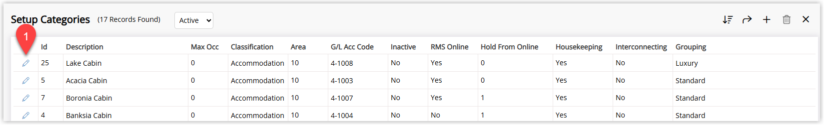 RMS Category/Area list showing multiple Categories with one Category highlighted and the Edit option selected to open its configuration.