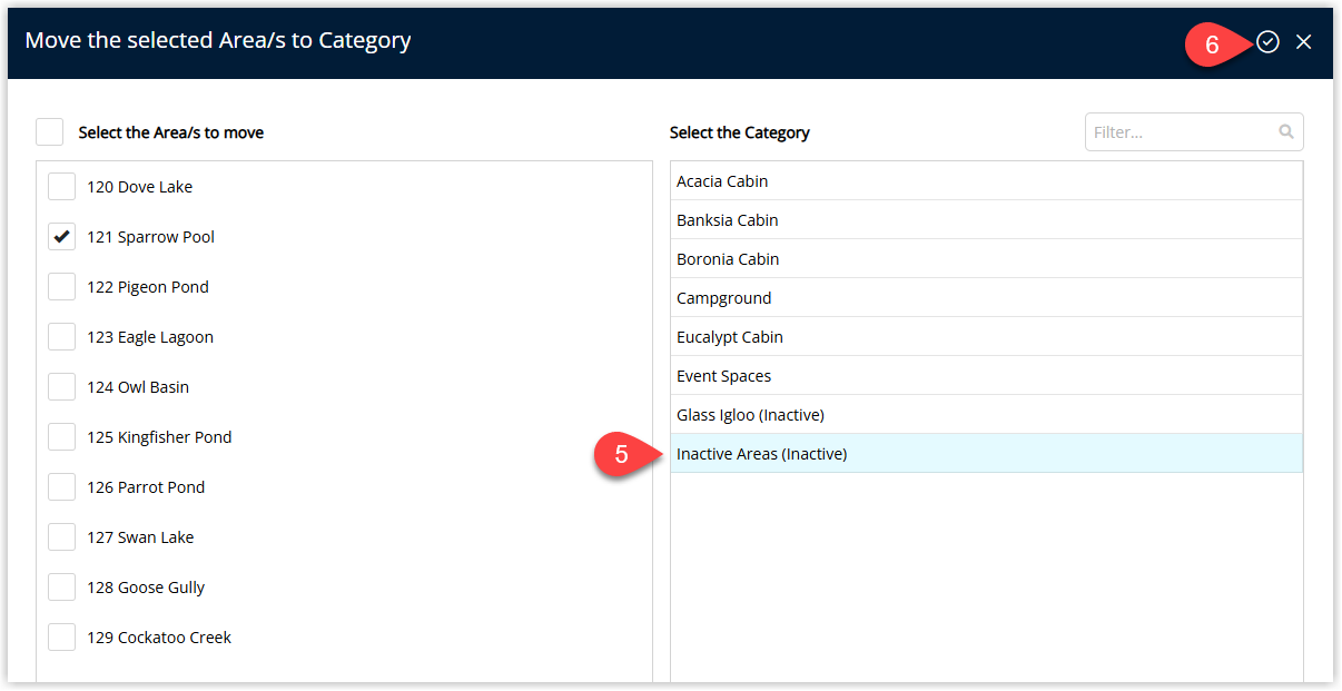 RMS Move Area dialog showing the selected Area and a drop-down or list of Categories, with an inactive Category chosen as the new Category and the Apply button highlighted to confirm the mov