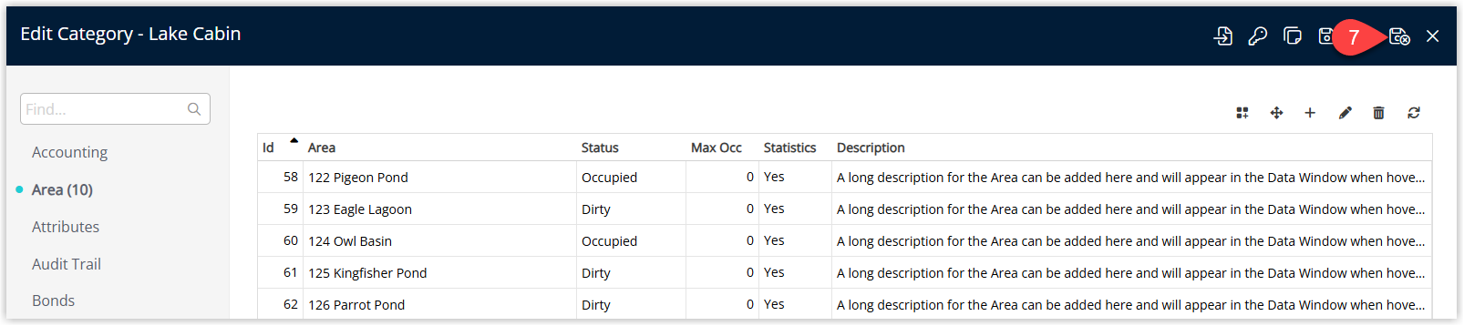RMS Category setup window after moving the Area, showing the updated Area list and the Save/Exit button highlighted to save the changes and remove the Area from active booking views.