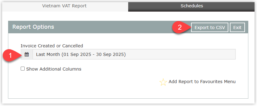RMS Vietnam VAT Export screen under Reports > Accounting showing fields to select a Date Range, an optional checkbox for Show Additional Columns, and the Export to .csv button selected to download a CSV file containing VAT details for created and cancelled tax invoices within the chosen dates.