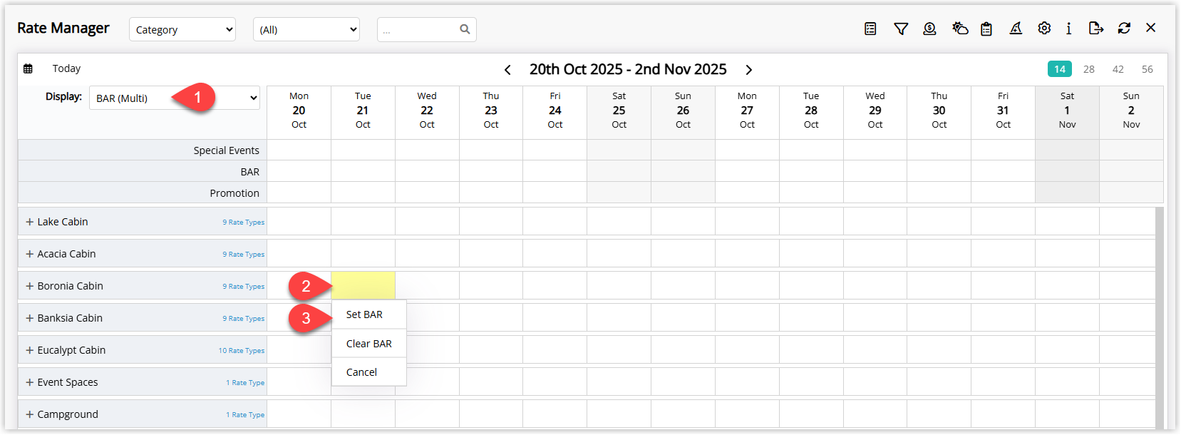 Screenshot of the Rate Manager chart in RMS with the Display option set to BAR (Multi), a date cell on a Category row selected and the Set Bar option highlighted to configure the BAR for that category.