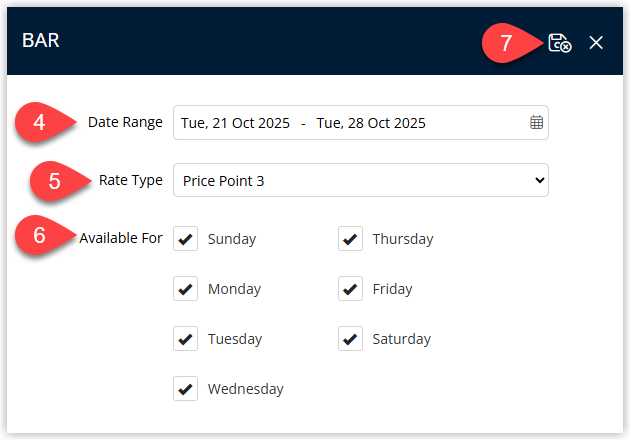 Screenshot of the Set BAR (Multi) window in RMS showing fields to choose a Date Range, select the active Rate Type for the category and set Available For days of the week, with the Apply/Exit button highlighted to save the category-level BAR.