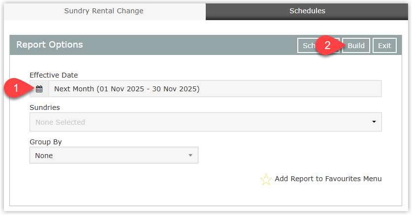 Annotated screenshot of the Sundry Rental Change report options in RMS showing the Effective Date, Sundries, and Group By fields with the Build button highlighted